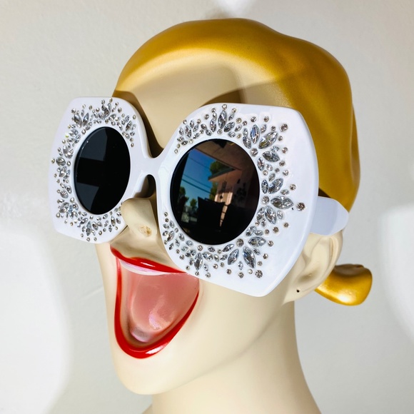 Giant Glam Girl White Rhinestone Encrusted Oversized Sunglasses - Picture 6 of 6